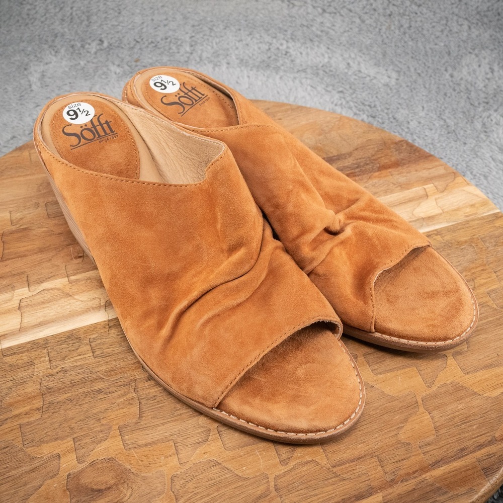 Sofft Strathmore 9.5‎ M Italian Suede Wedge Ruched Open Toe Slide Sandals